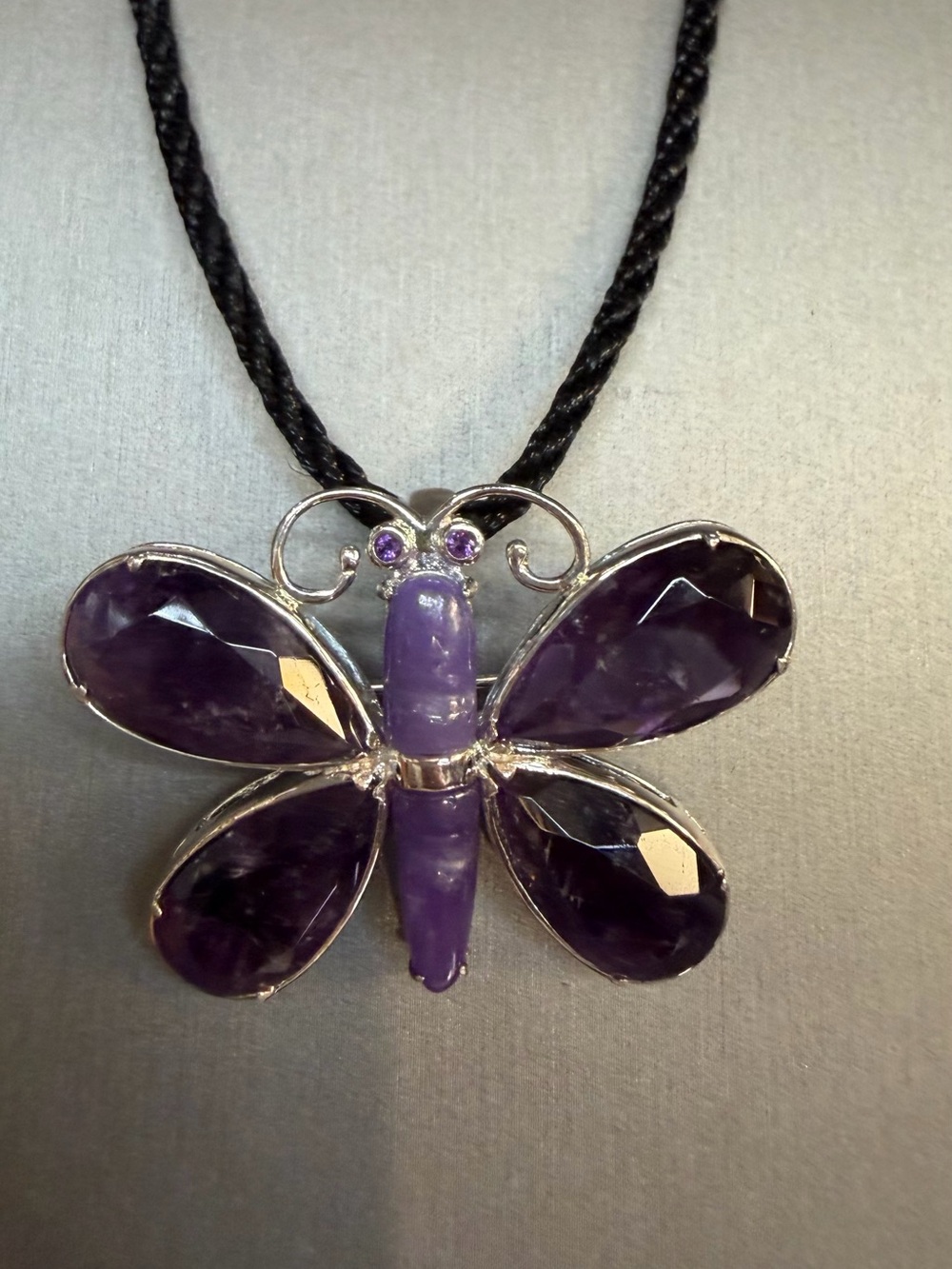 Amethyst and lavender jade Butterfly Pendant Necklace in Purple on Black Cord